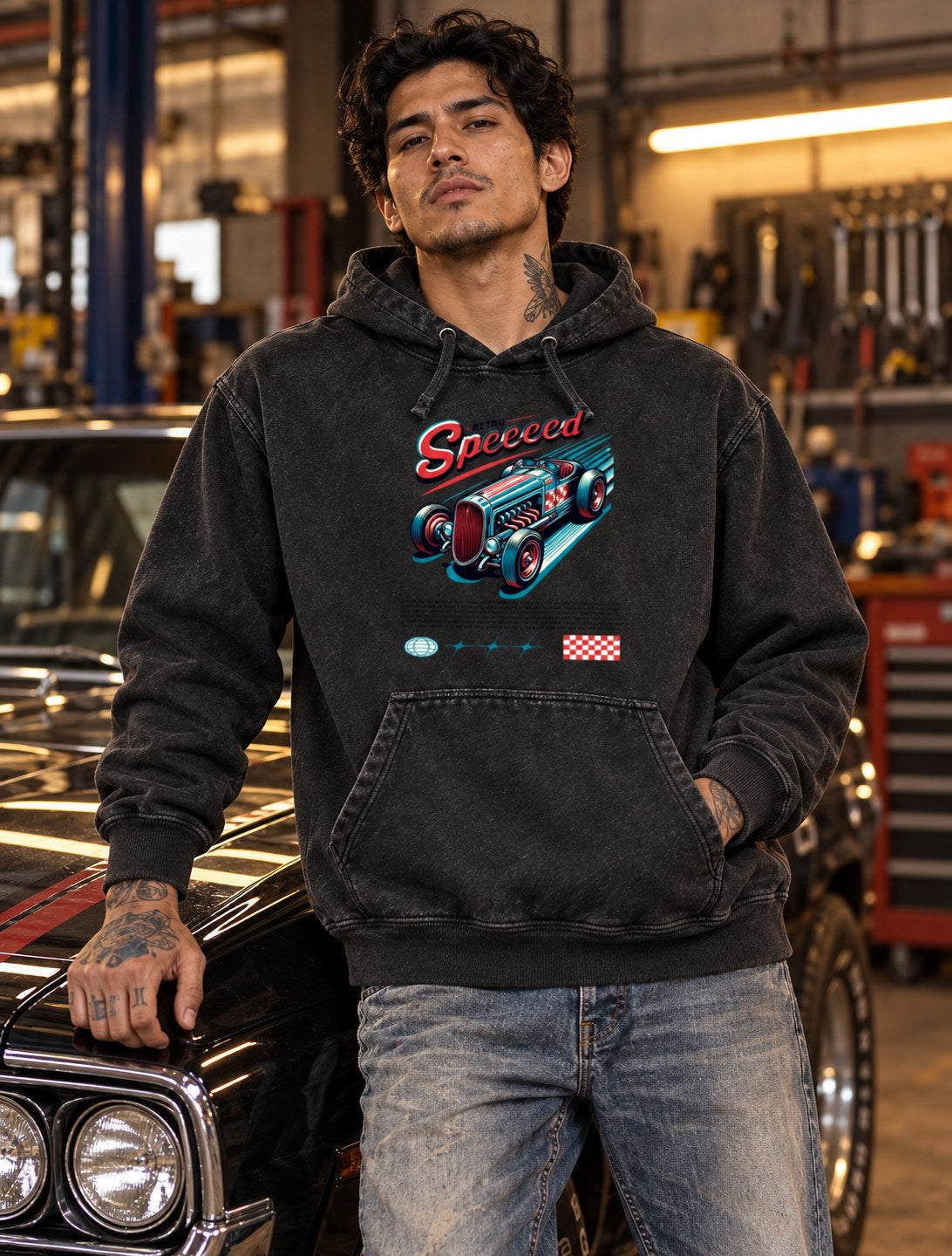 Polerón Canguro Acid Wash Retro Speed – foto con modelo (imagen referencial)