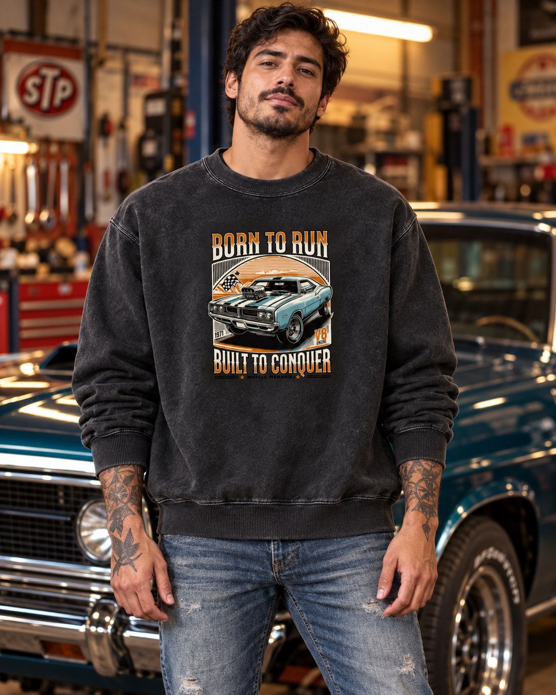 Polerón Polo Acid Wash Born to Run – foto con modelo (imagen referencial)