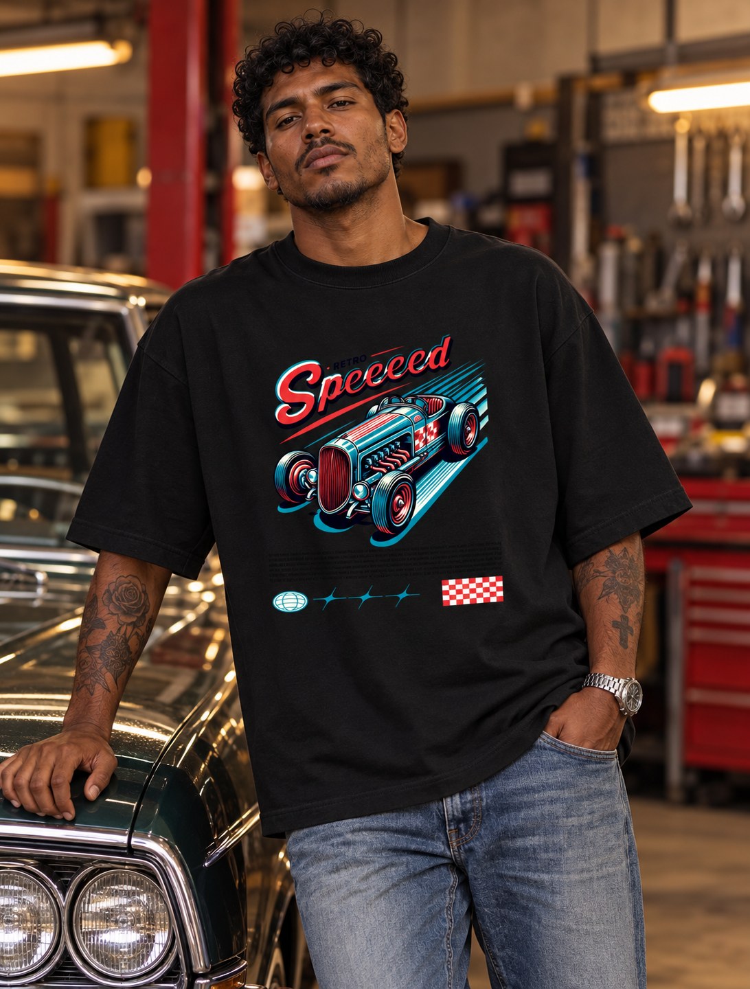 Polera Oversize Retro Speed – foto con modelo (imagen referencial)