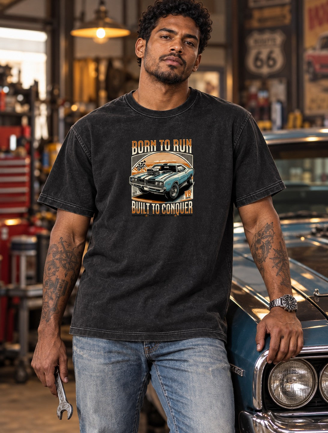 Polera Acid Born to Run – Negro, puesta (imagen referencial)