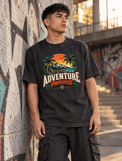Polera Acid Adventure Paradise – Negro, puesta (imagen referencial)
