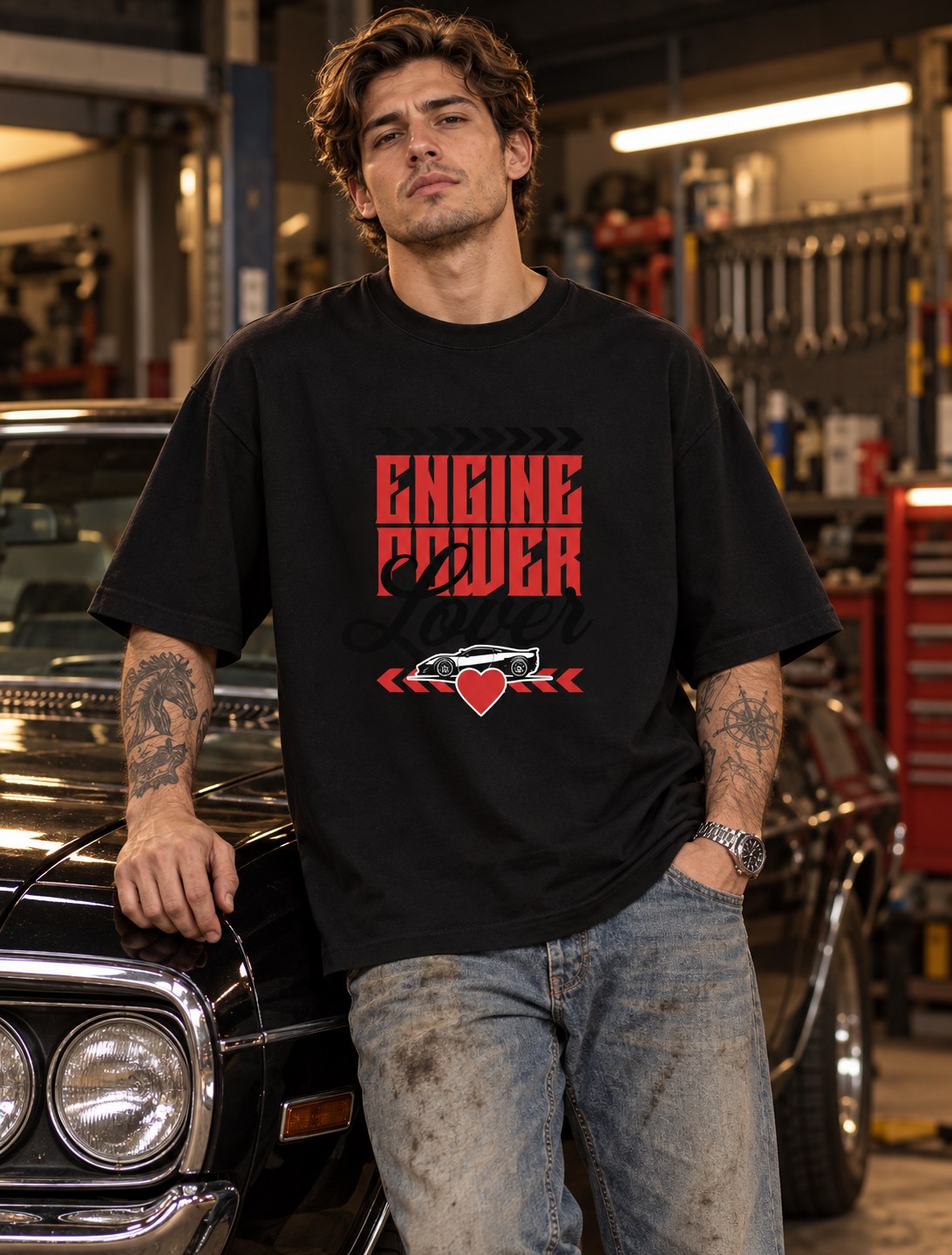 Polera Oversize Engine Power – foto con modelo (imagen referencial)