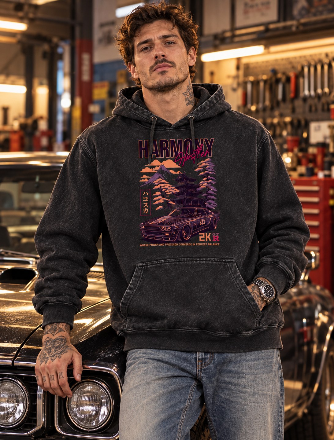 Polerón Canguro Acid Wash Harmony Hustler – foto con modelo (imagen referencial)